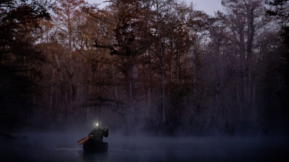 Sunrise canoe ride on foggy river.