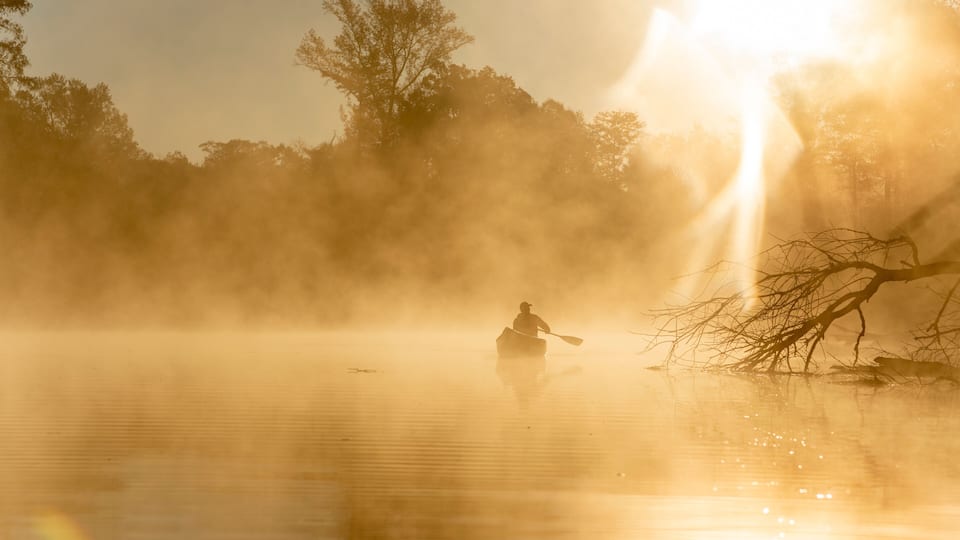 Sunrise canoe ride on foggy river.