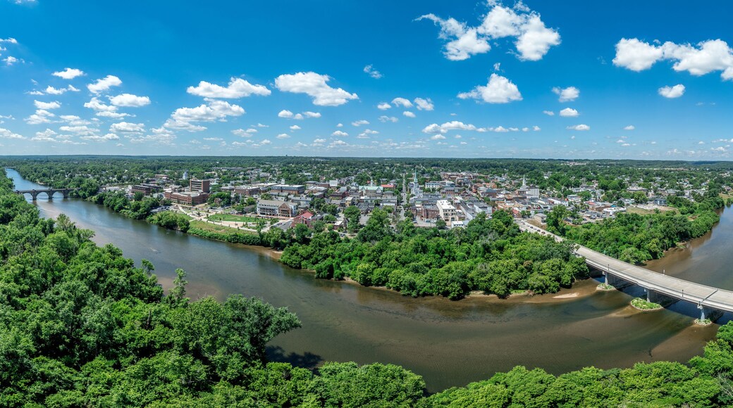 Aerial view Fredericksburg Virginia with Circuit Court building , historic business district, Baptist church, Chatham bridge over Rappahannock River