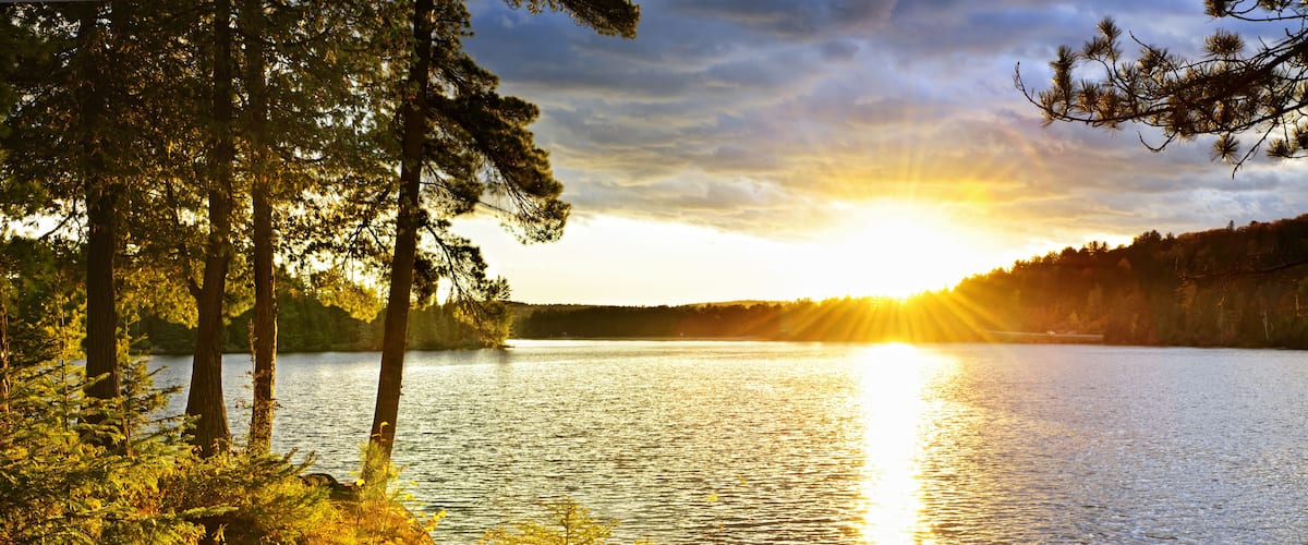 A lake with trees reflecting the sunset.