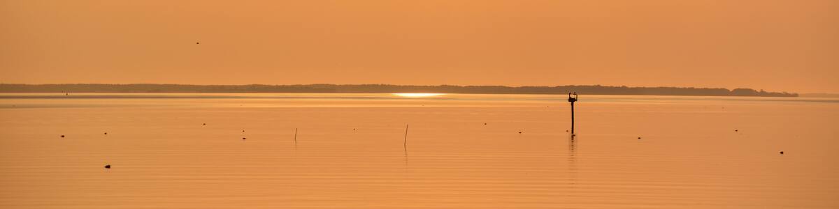 Sunrise over the Chesapeake Bay with crab pot buoys floating on the calm water surface
