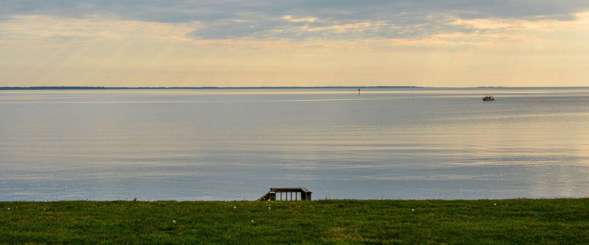 A calm body of water with a distant boat, a grassy foreground, and a cloudy sky.