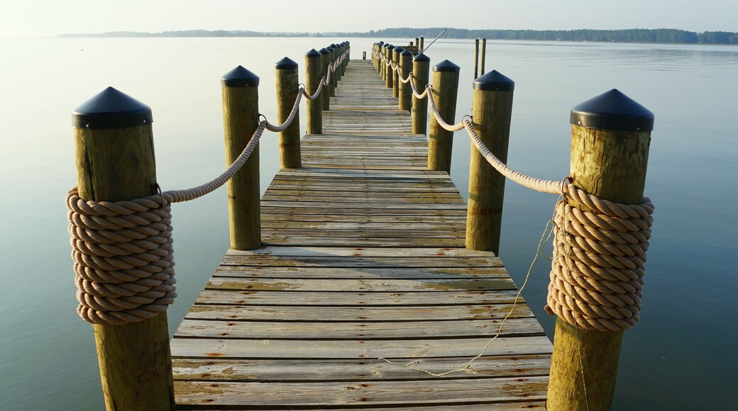 Wooden dock with ropes of a waterfront property at near Kinsale, Virginia, U.S.A