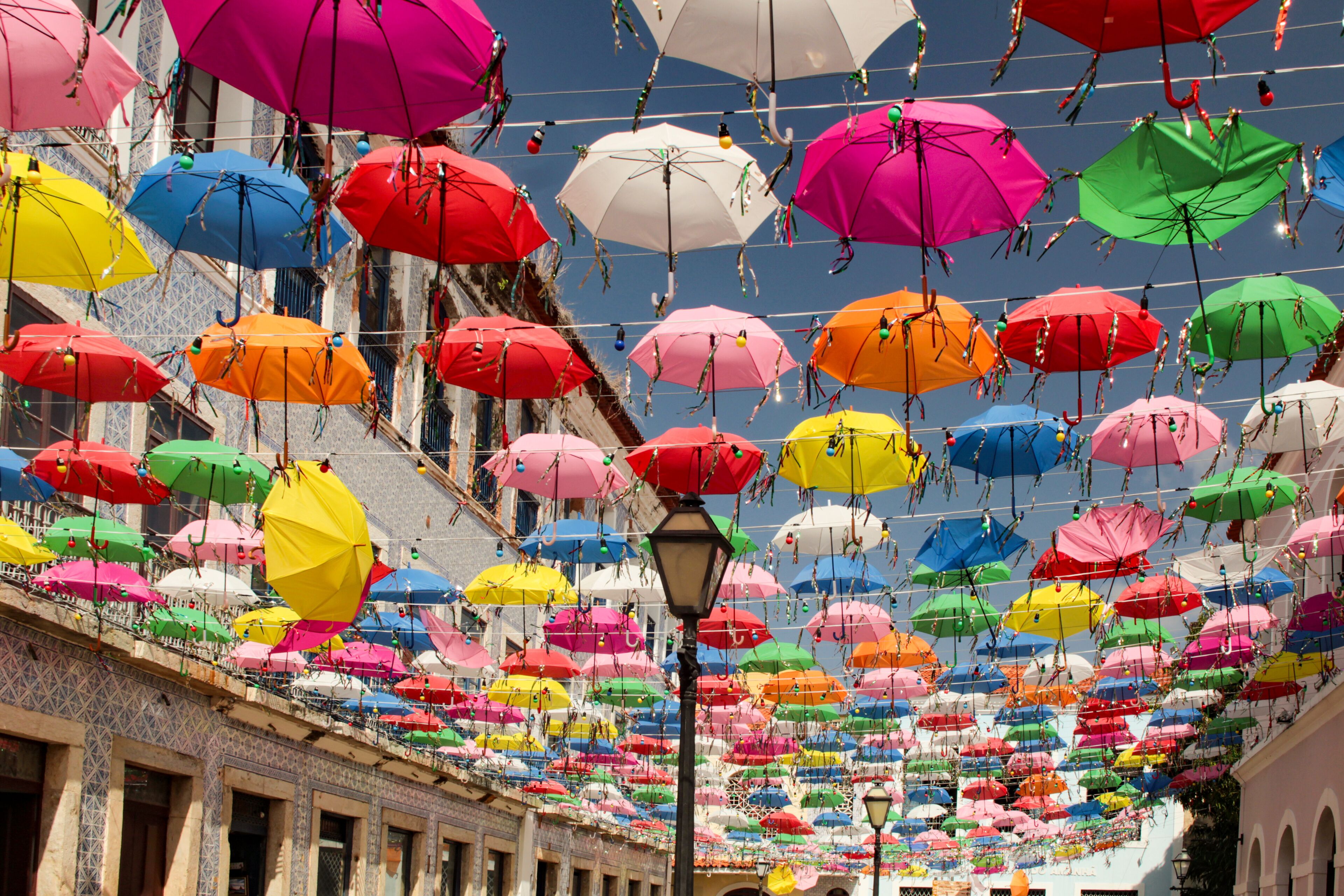 Carnival decoration with colorful umbrellas on Rua Portugal, in the historic center of São Luís, Maranhão, Northeast Brazil.