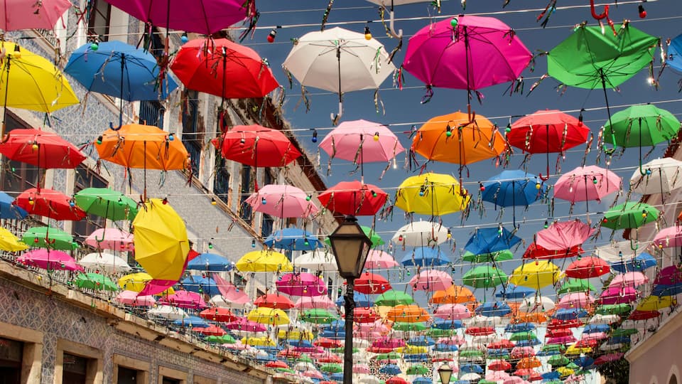 Carnival decoration with colorful umbrellas on Rua Portugal, in the historic center of São Luís, Maranhão, Northeast Brazil.