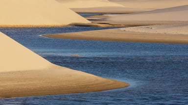 Un paysage désertique avec des dunes de sable et une étendue d’eau.