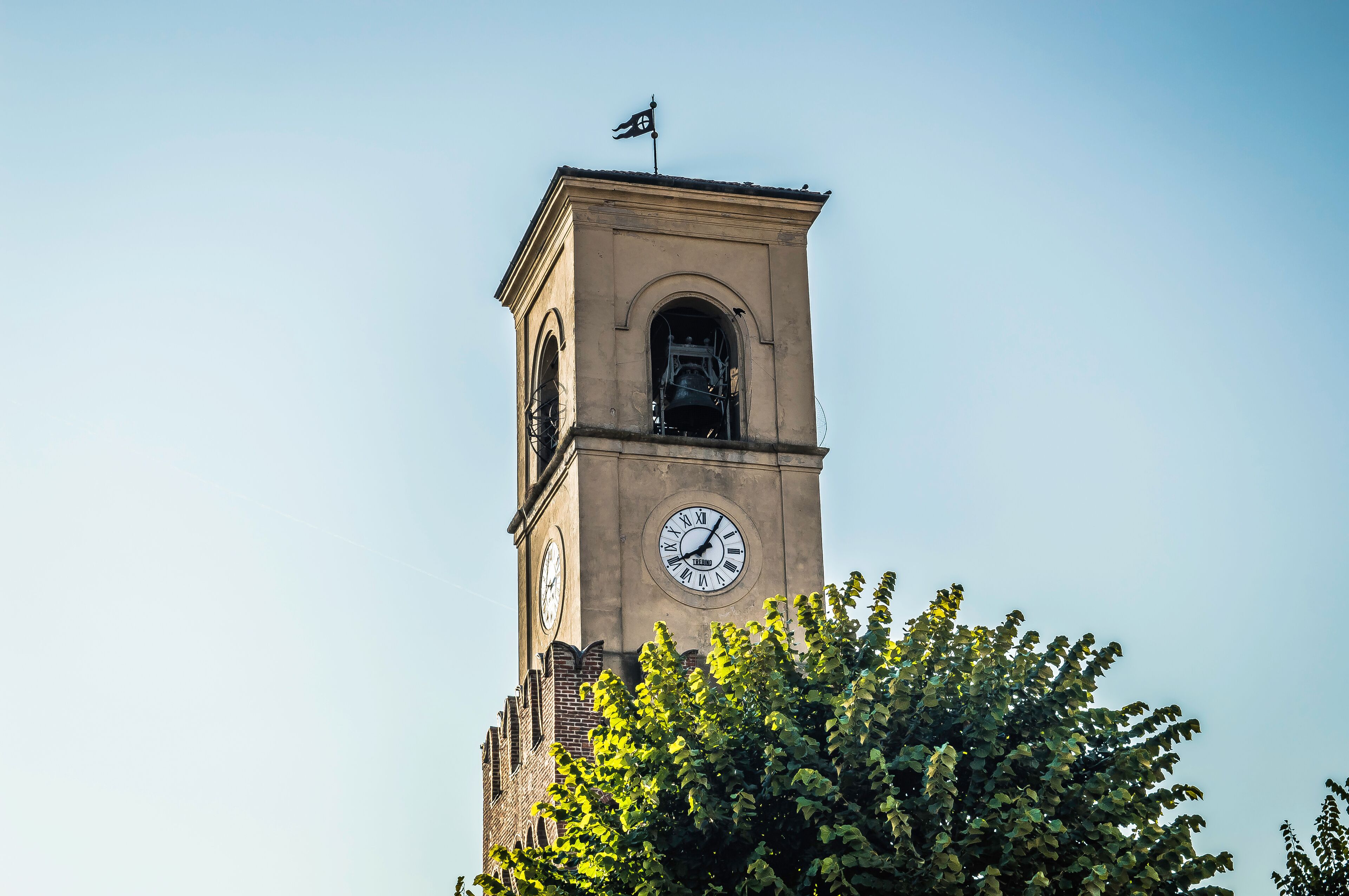 A clock tower with a weather vane on top, surrounded by trees.