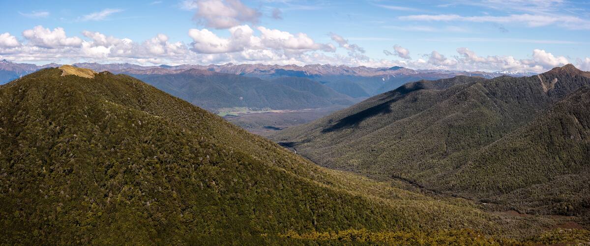 A mountainous landscape with dense forests and a valley.