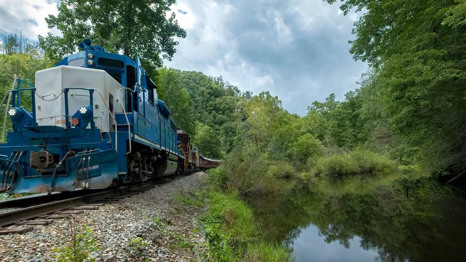 A blue train on a narrow track surrounded by dense forest and a calm river.