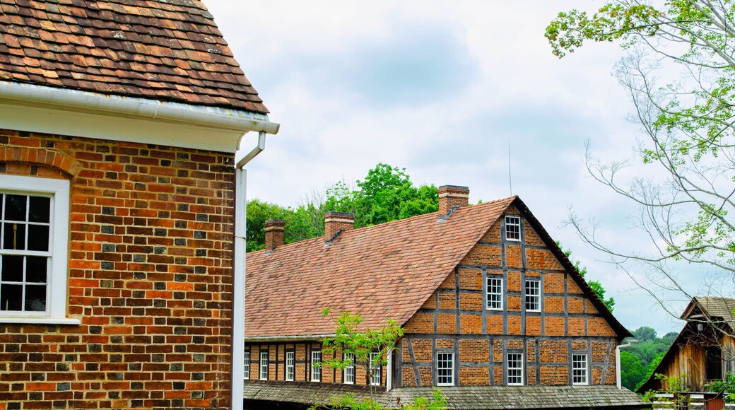 Multiple vintage timber frame and brick buildings in a small town
