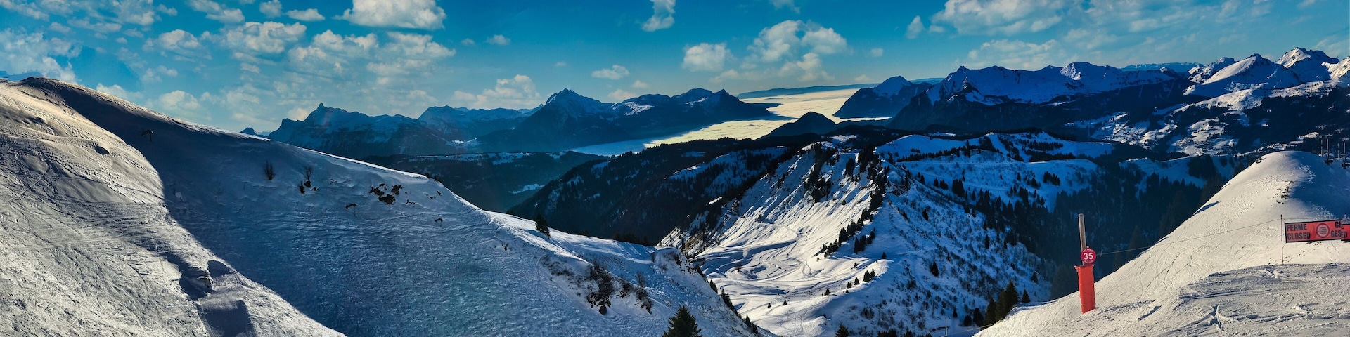 Beautiful panorama shot in Morzine, French Alpine Resort, France under an amazing Sky in Winter