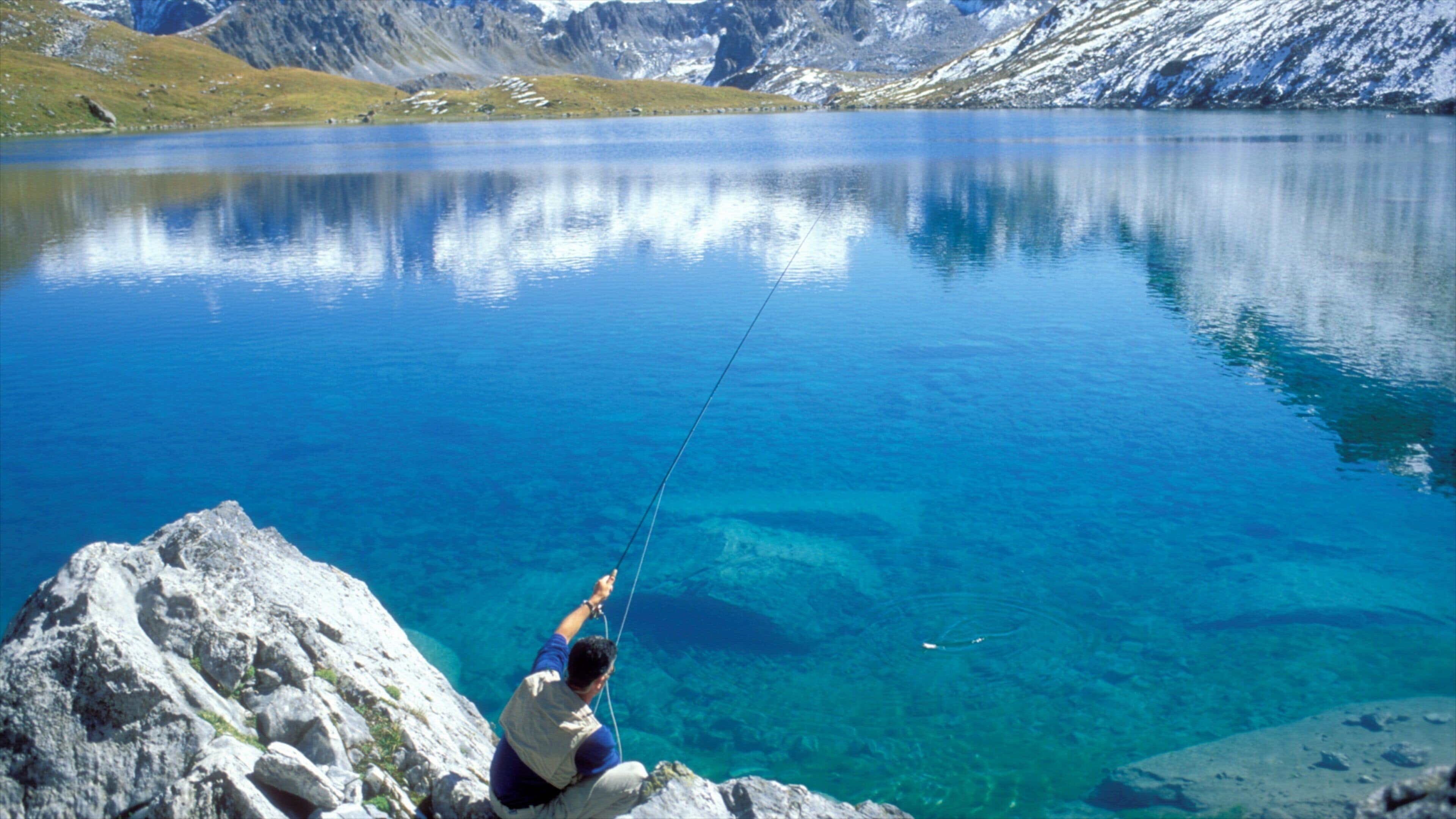 Alpes del Norte mostrando un lago o abrevadero y pesca y también un hombre