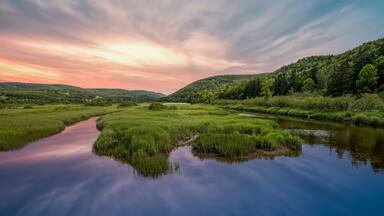 A river meandering through a lush green landscape with hills in the background.