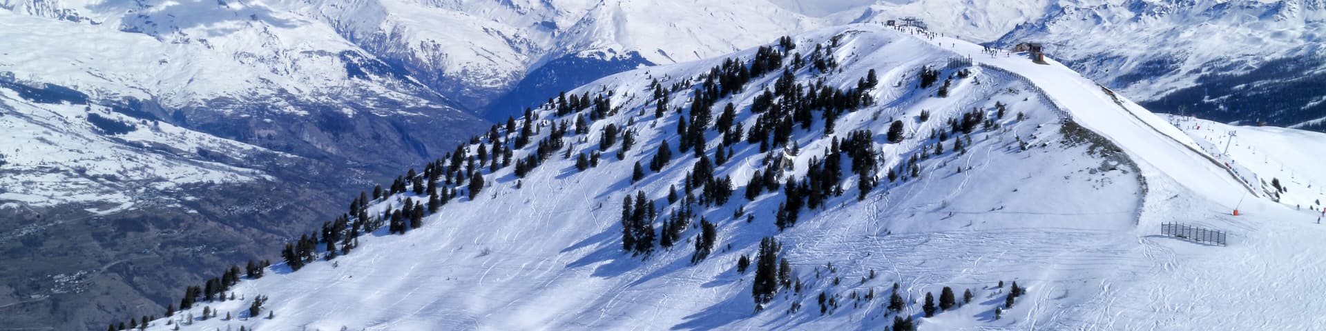Ski slopes on a hill with snowy, mountain peaks in the background, La Plagne, Alps, France, Shutterstock ID 529943059, Purchase Order: -