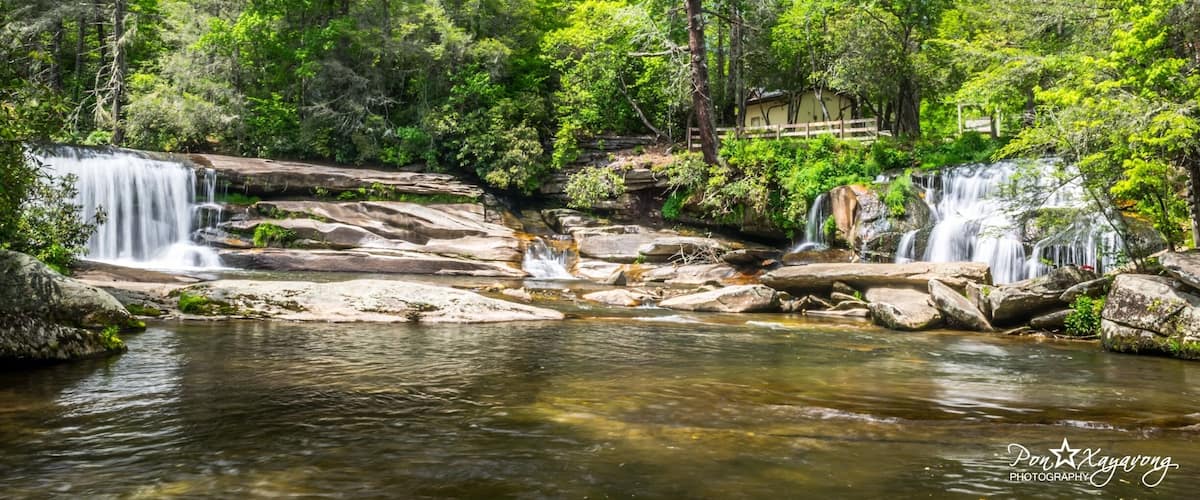 French Broad Falls and Cathedral Falls in the North Carolina mountains near the Blue Ridge Parkway.
