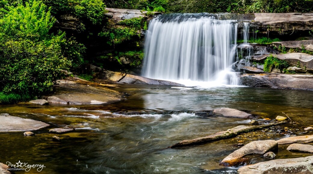 French Broad Falls in the North Carolina mountains near the Blue Ridge Parkway. The North Fork of the French Broad River drops 15 feet to create French Broad Falls just before it merges with Shoal Creek