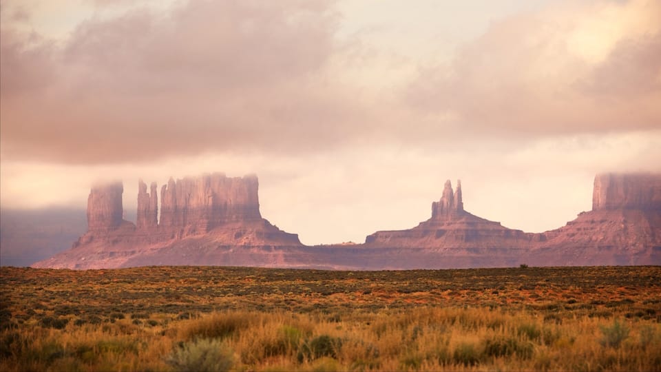 A desert landscape with prominent rock formations in the distance under a cloudy sky.
