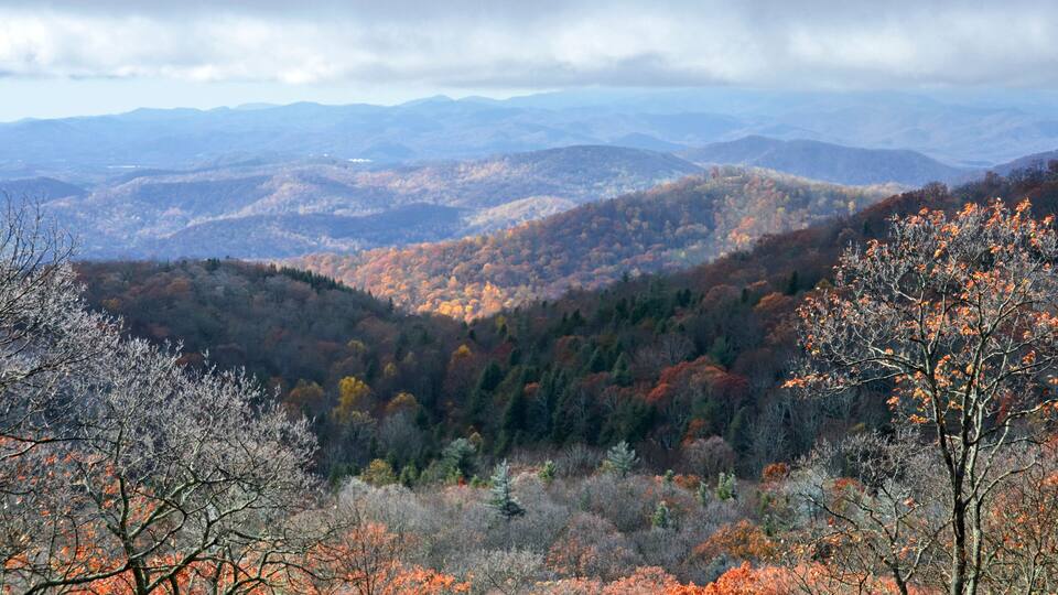 A mountainous landscape with autumn foliage.