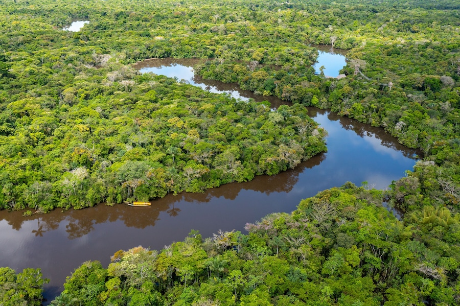 Peru. Aerial view of Rio Momon. Top View of Amazon Rainforest, near Iquitos, Peru. South America.