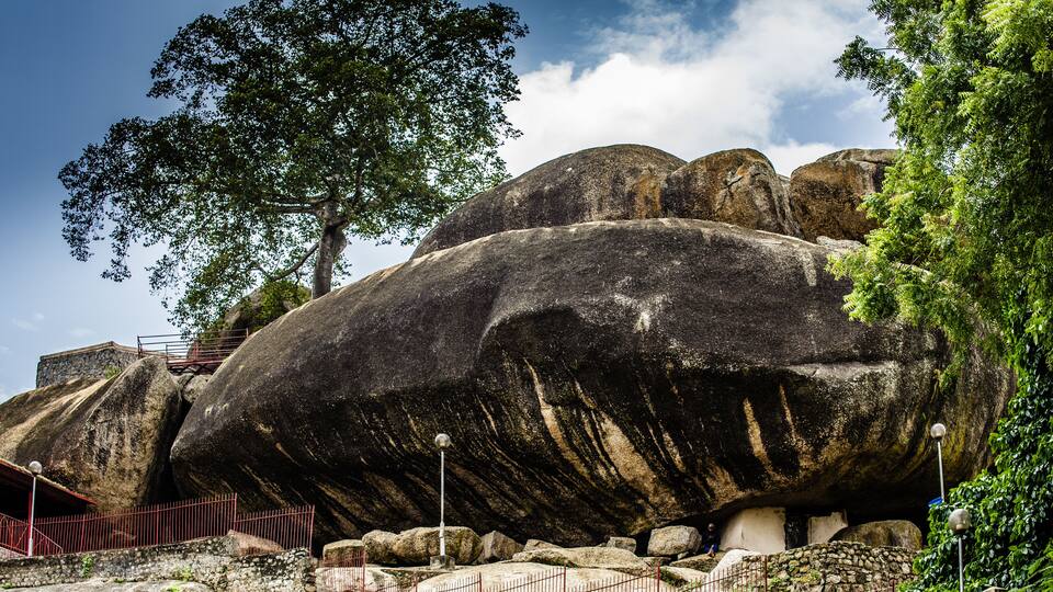 Large boulders with a staircase leading up to a platform.