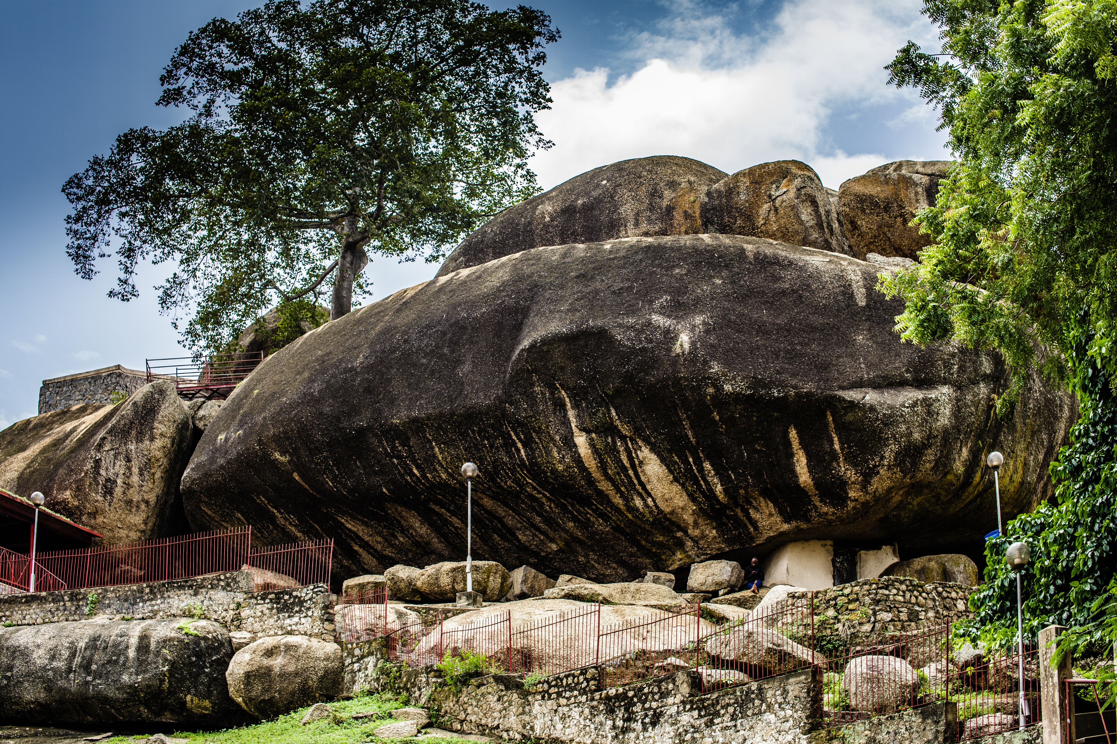 Large boulders with a staircase leading up to a platform.