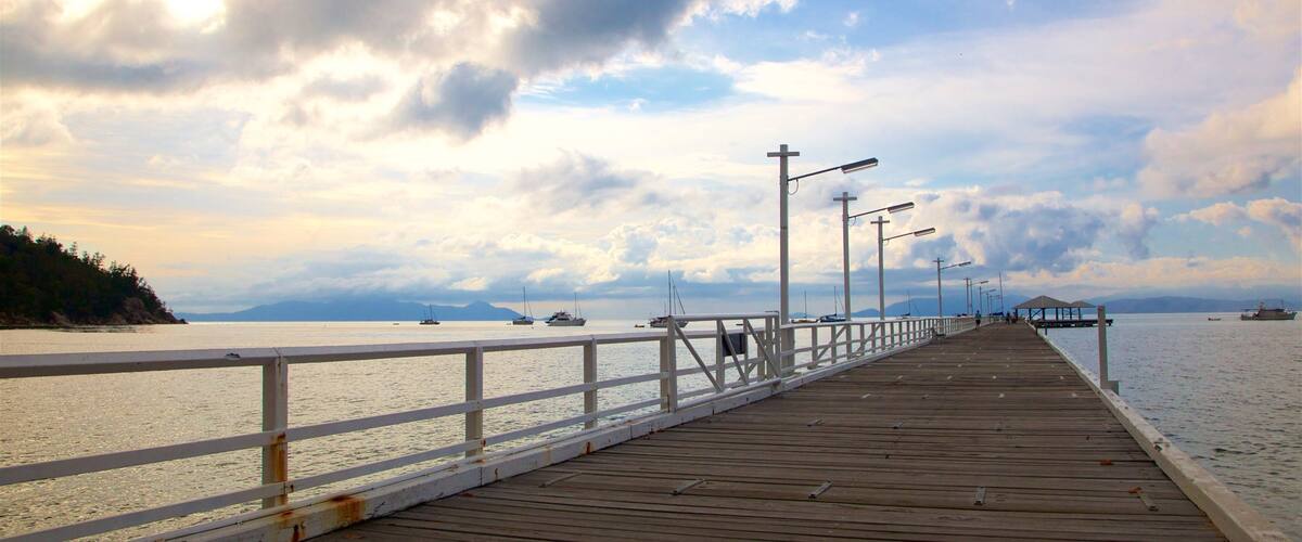 Picnic Bay which includes general coastal views and a sunset