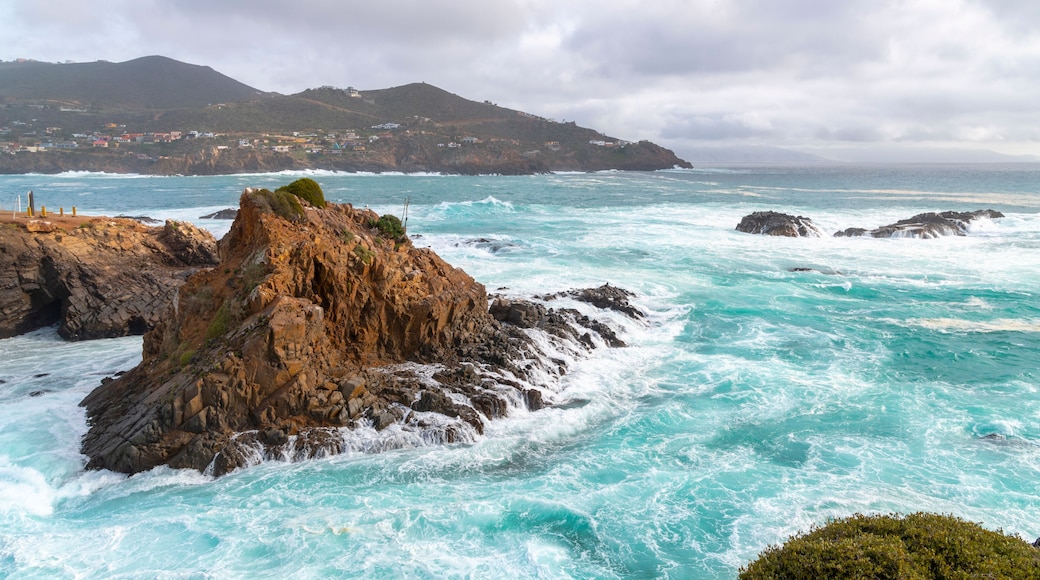 The rocky, scenic coastline along the Pacific Ocean at the cape of Punta Banda, southwest of the city of Ensenada, Mexico.