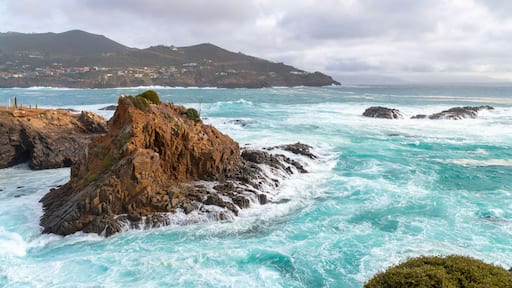 The rocky, scenic coastline along the Pacific Ocean at the cape of Punta Banda, southwest of the city of Ensenada, Mexico.