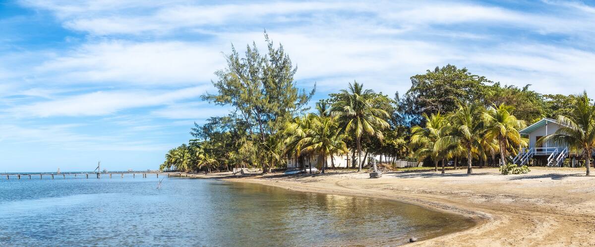 A beach with palm trees, a pier, and a small house.