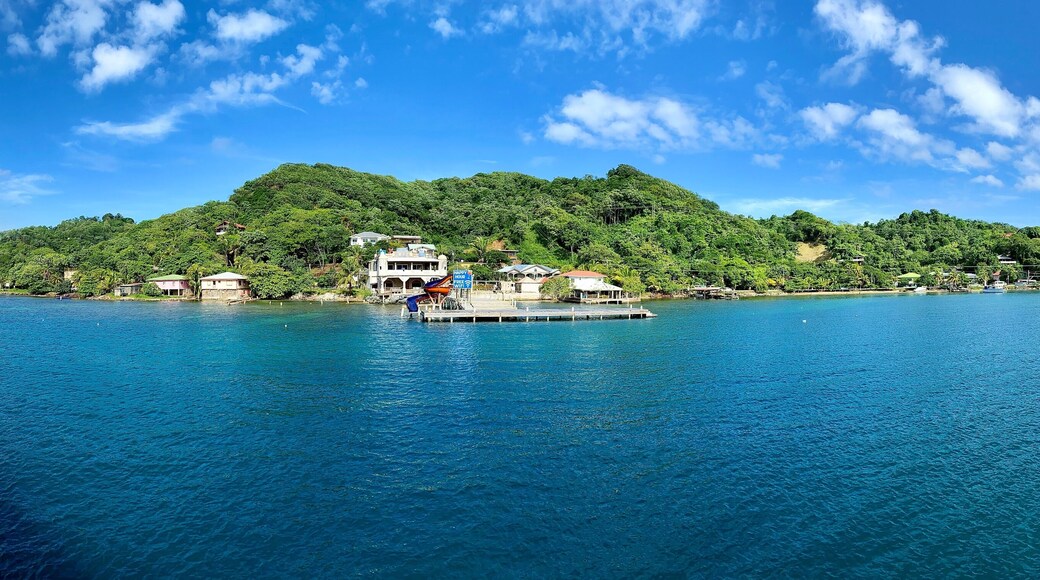 Beautiful landscape along coastlines of Caribbean Ocean in Roatan, Honduras. Scene taken at the Coxen Hole cruise ship dock.