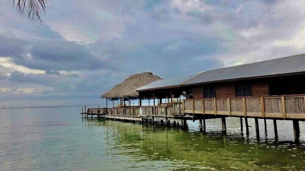 Overwater bungalows connected by wooden walkways over calm water.