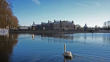 Un lac paisible, avec des cygnes, et un bâtiment historique en arrière-plan.