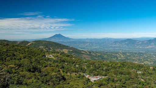 Panoramic wide angle view of San Vicente volcano from a lookout located between small towns Berlin and Alegria in El Salvador. Sunny day, blue sky.
