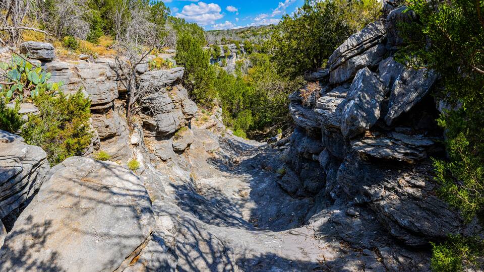 A rocky canyon with sparse vegetation and a clear blue sky.