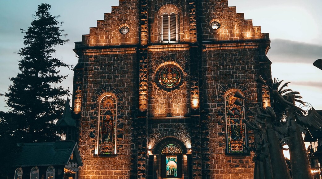 Vertical photo of the Matriz Church, Gramado, Rio Grande do Sul state at night with lights on