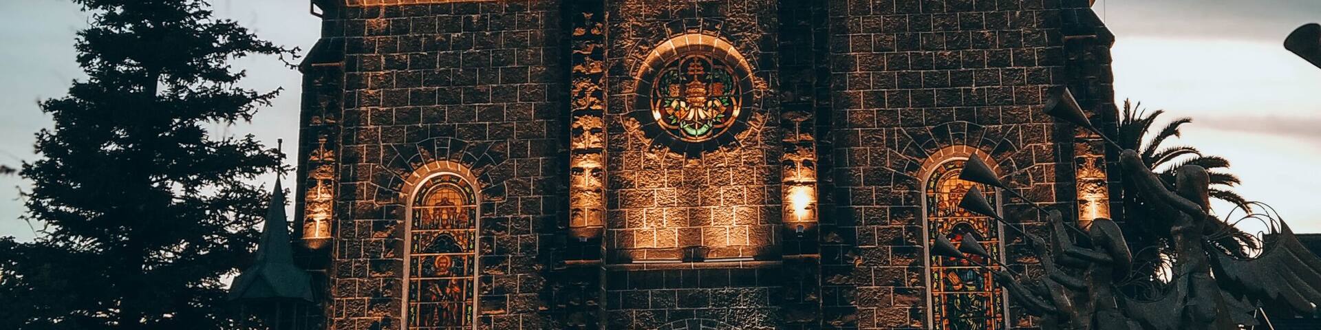 Vertical photo of the Matriz Church, Gramado, Rio Grande do Sul state at night with lights on