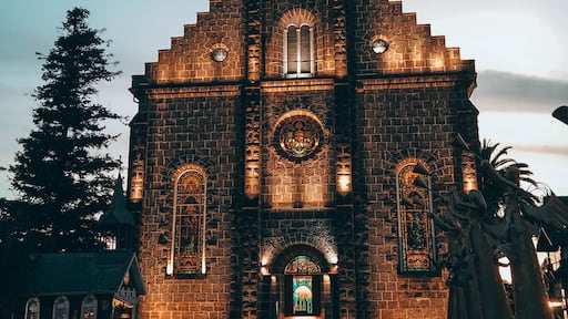 Vertical photo of the Matriz Church, Gramado, Rio Grande do Sul state at night with lights on