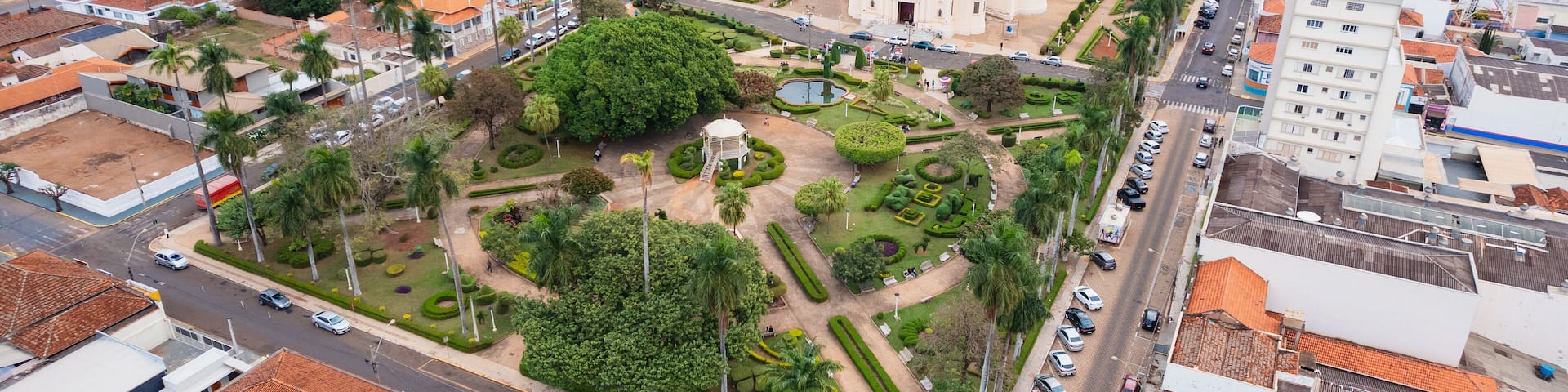 Batatais, Sao Paulo, Brazil - Circa June 2022: Aerial image of the city of Batatais, the city's central square.