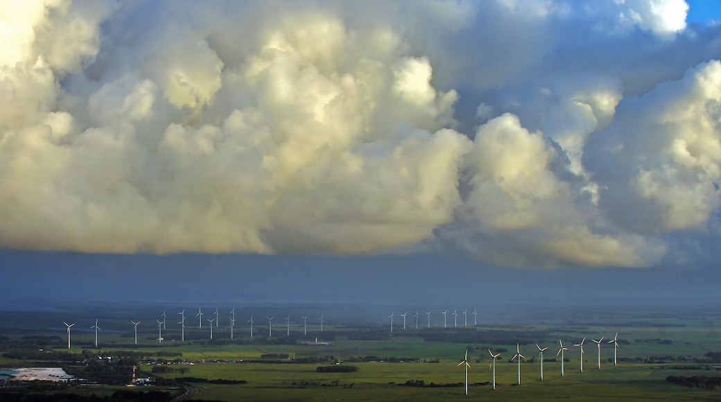 Aerial view of wind turbines under dramatic clouds in Osório, Rio Grande do Sul, Brazil
