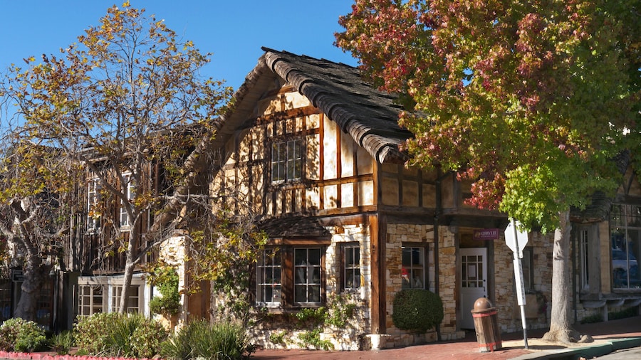 EN5XP1 Street scene in autumn with shops art galleries on Ocean Avenue Carmel Monterey County California