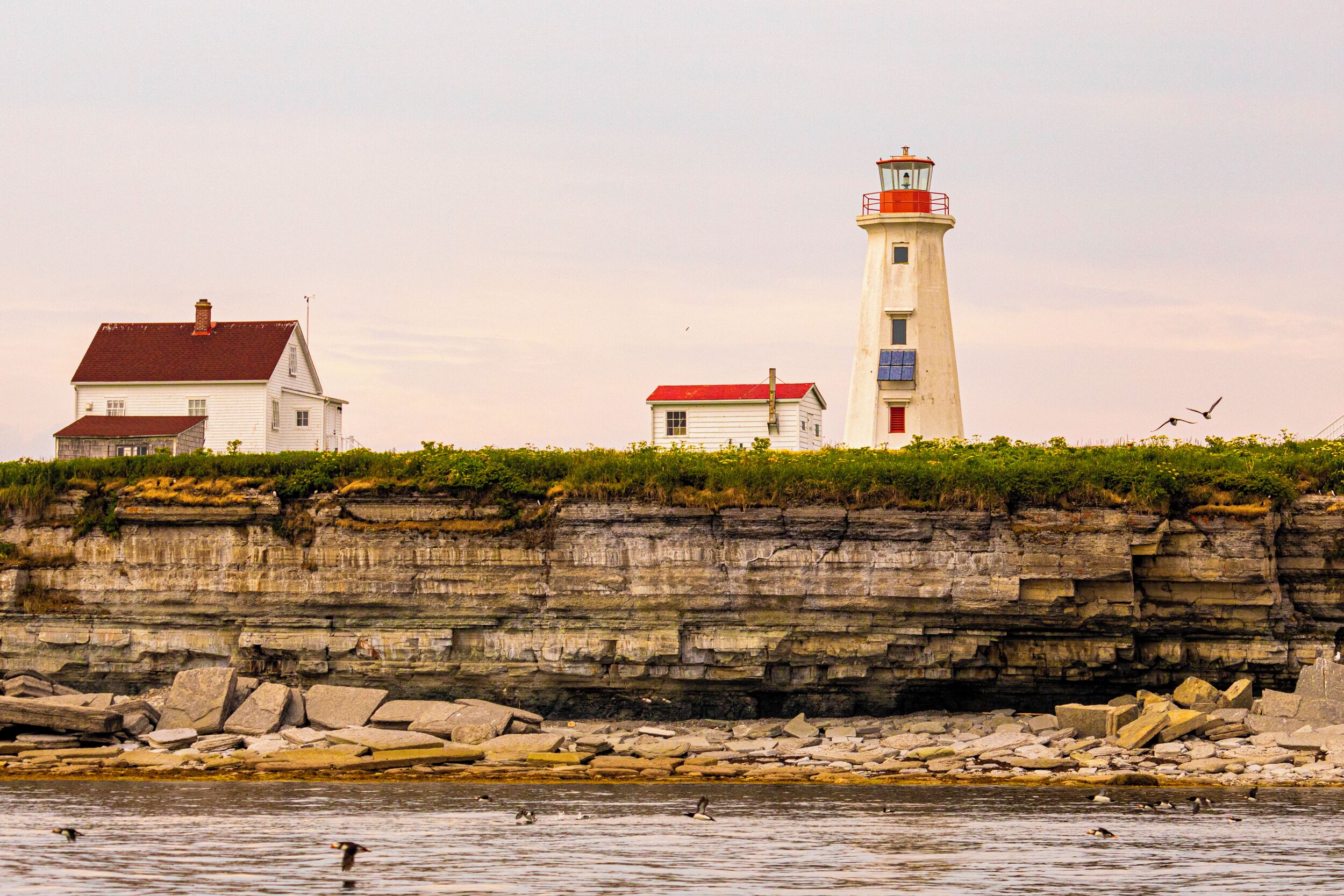 A coastal scene with a lighthouse, a white house with a red roof, and a rocky shoreline.