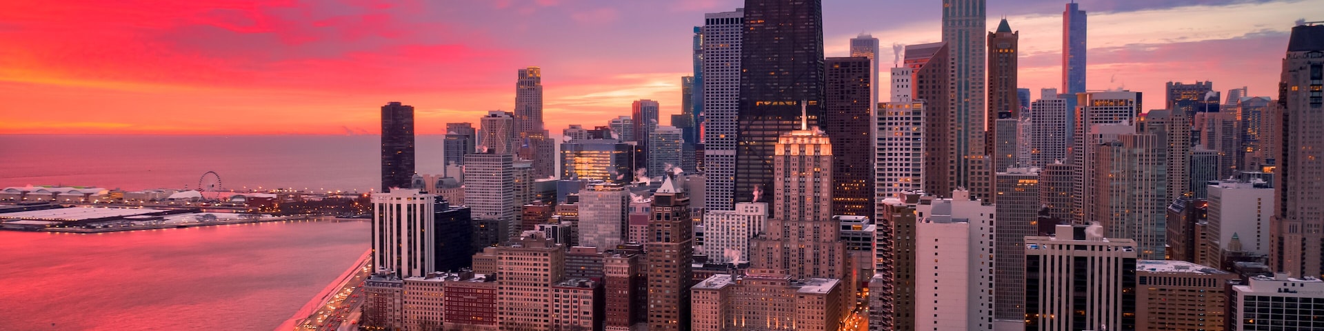 Chicago red sunrise aerial view of Gold Coast