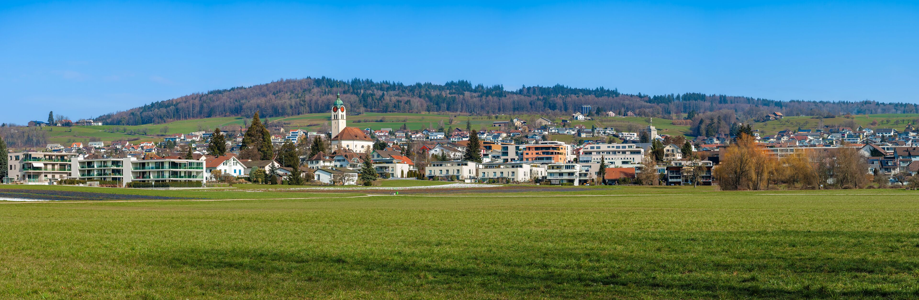 A town with a prominent church, a hill in the background, and a large open field in the foreground.
