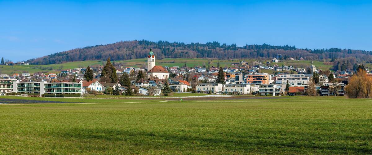 A town with a prominent church, a hill in the background, and a large open field in the foreground.