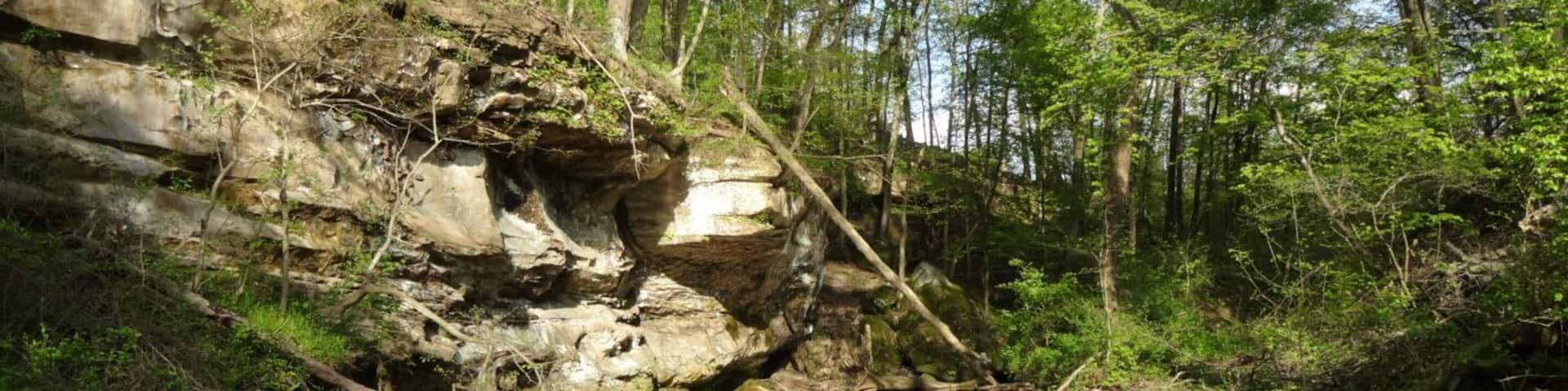 A view down the gorge of the Hocking river after it passes by the grist mill.
Rock Mill Park encompasses the historic Rock Mill, a stunning grist mill built in 1824 above the Hocking River Falls and the scenic Rock Mill Covered Bridge, constructed in 1901.
Standing 90 feet above the gorge of the falls, Rock Mill was one of a dozen mills in the area whose power source was the Hocking River. The mill was in operation grinding flour and corn into wheat and meal as late at 1905.