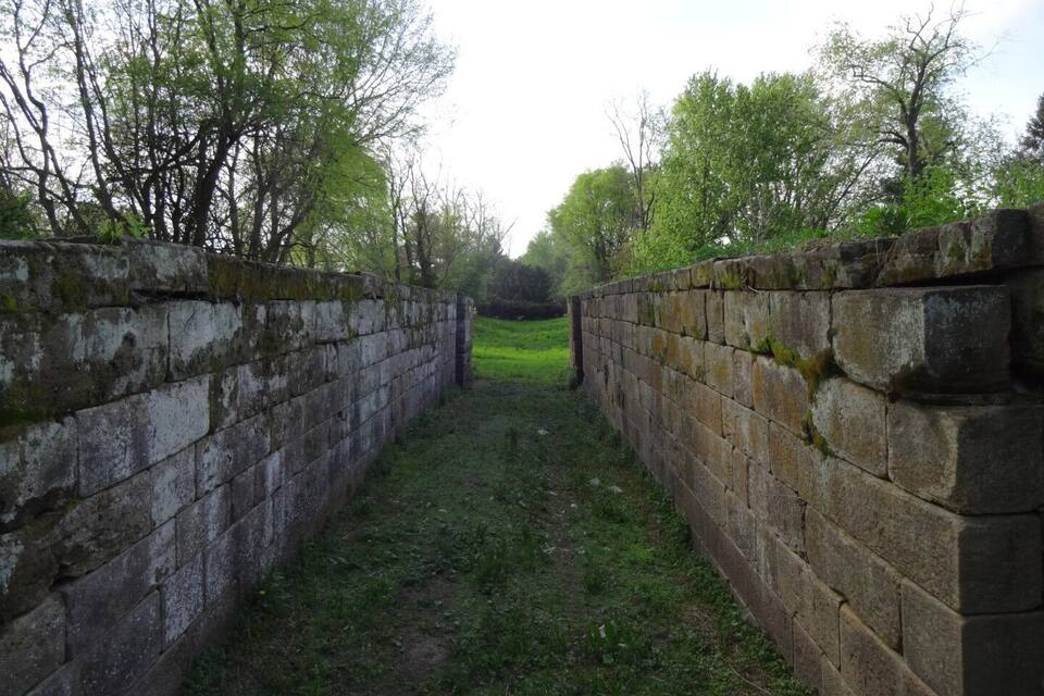 Un camí de pedra estret, delimitat per murs, que s'endinsa en una zona boscosa i verda.