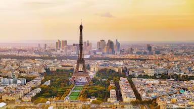 A Torre Eiffel, a paisagem urbana de Paris e a avenida Champs-Élysées.