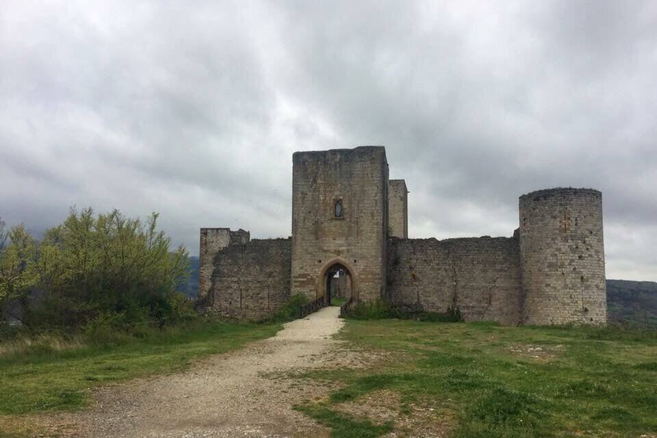 Un château médiéval doté d’une tour centrale et de deux tours rondes, entouré de prairies verdoyantes et surplombé par un ciel nuageux.