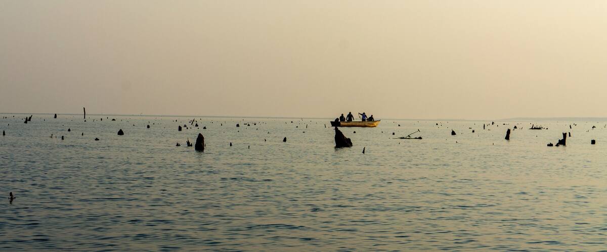A calm sea with numerous small boats and a few larger boats in the distance.