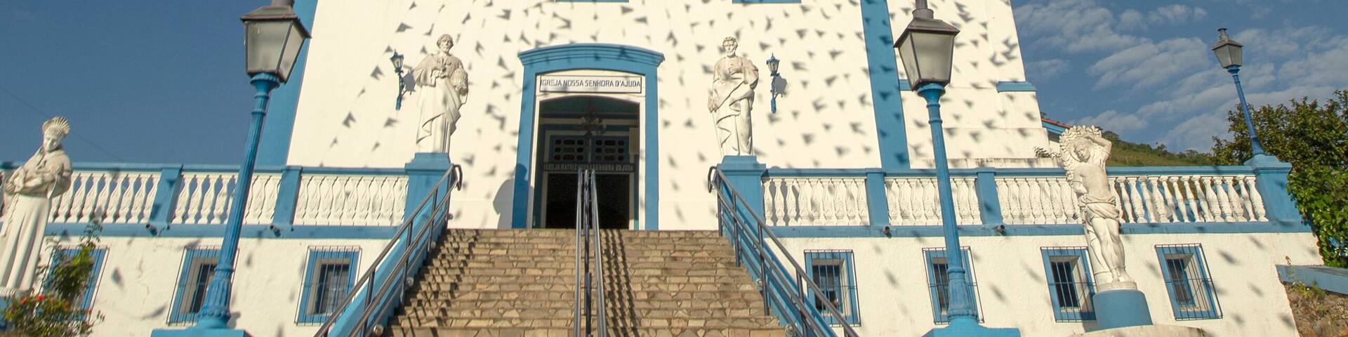 Church of Our Lady of Help, or Nossa Senhora d Ajuda in portuguese, decorated with June festival flags. Ilhabela, colonial town on the coast of Sao Paulo state, Brazil